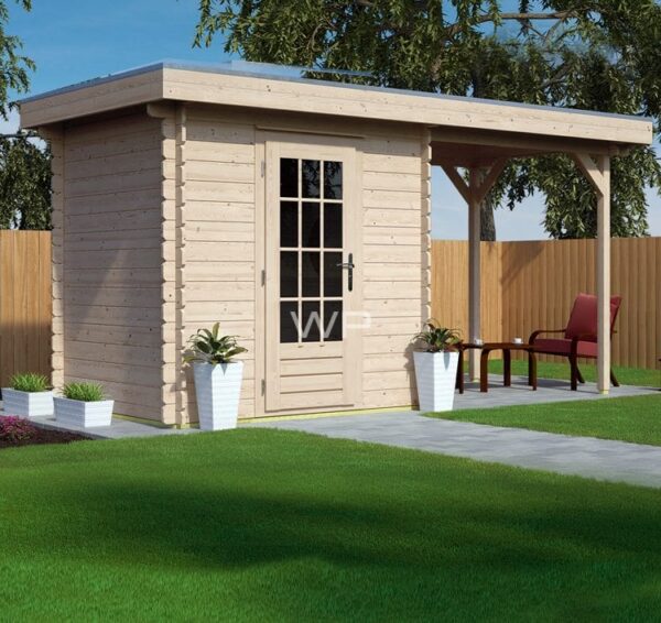 Small wooden summerhouse with a side shed attached