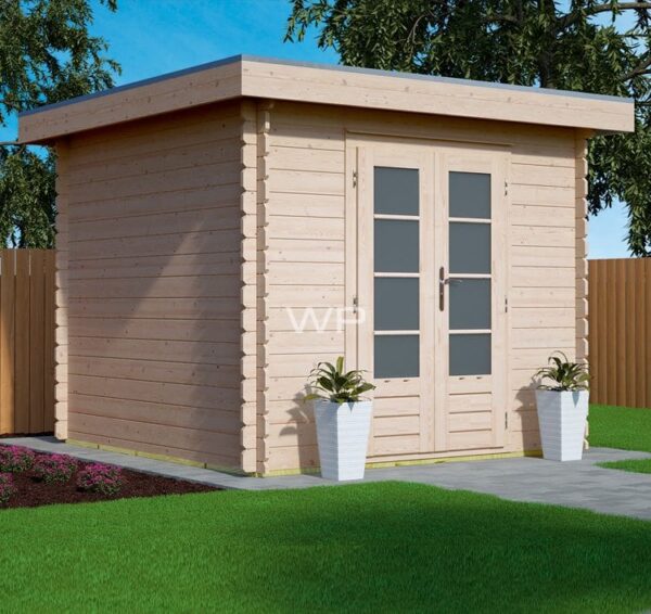 Wooden garden log cabin with a flat roof