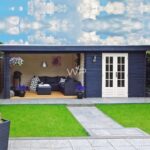 Blue garden house with a flat roof