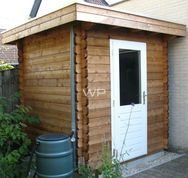 Small wooden garden shed with a flat roof