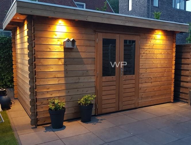 Woodpro log cabin with double door and a flat roof