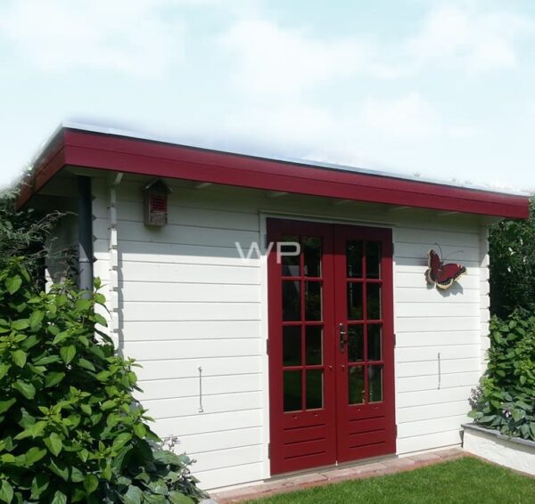 Wooden log cabin with a flat roof