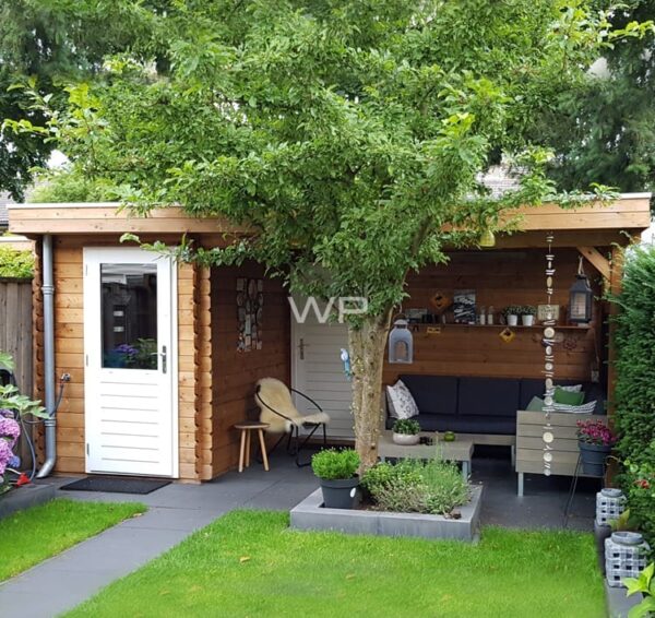 This small log cabin has a flat roof and a veranda