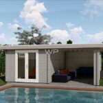 Log cabin with flat roof and a veranda