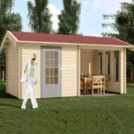 This log cabin has an apex roof and a small veranda