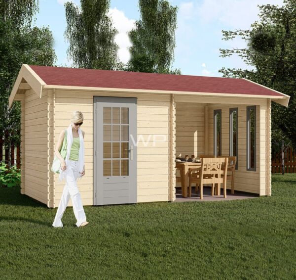 This log cabin has an apex roof and a small veranda