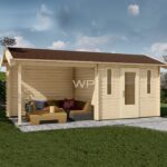 Log cabin 28013 has an Apex roof and a veranda