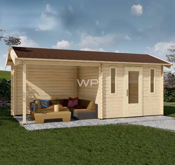 Log cabin 28013 has an Apex roof and a veranda