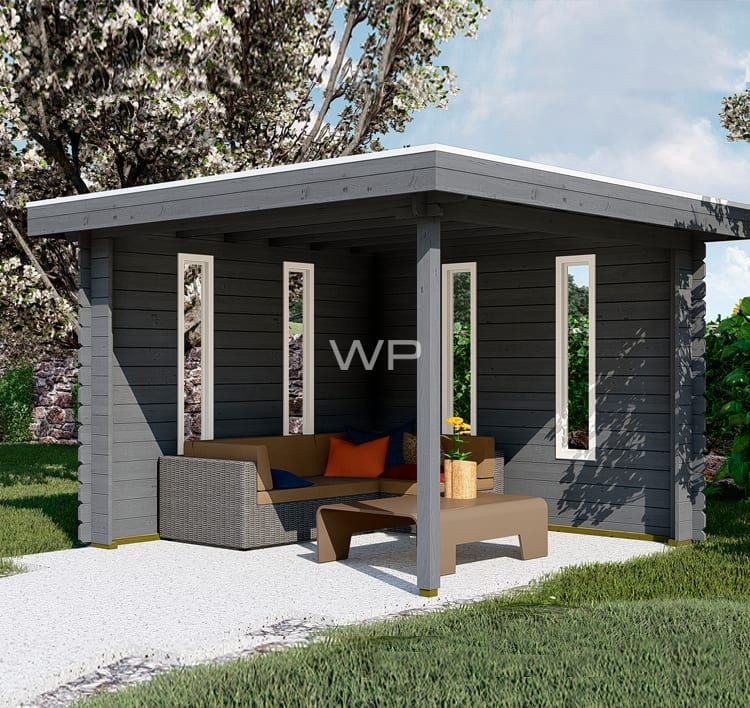 Grey wooden gazebo with sides