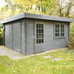 A grey wooden garage for a garden