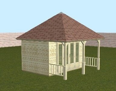 Woodpro pyramid roof summerhouse with balustrades 3D-configurator preview.