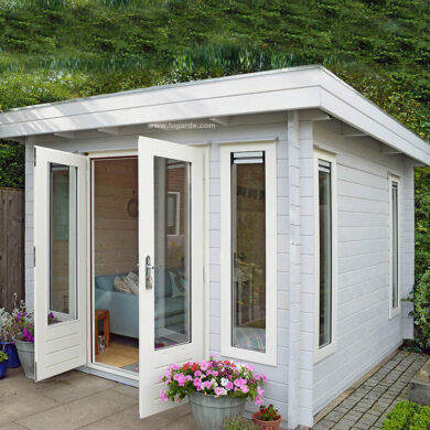 Woodpro flat roof log cabin B6 with double door and large windows.