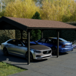 Woodpro apex roof carport with 2 autos parked.